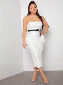 SHEIN SXY 大碼側口袋褶邊腰帶抹胸緊身連衣裙 - 白色 - 查看 5