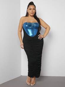 SHEIN SXY 大碼撞色褶邊抹胸緊身連衣裙 - 黑色 - 查看 3