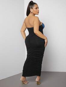 SHEIN SXY 大碼撞色褶邊抹胸緊身連衣裙 - 黑色 - 查看 2