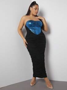 SHEIN SXY 大碼撞色褶邊抹胸緊身連衣裙 - 黑色 - 查看 4