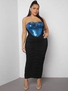 SHEIN SXY 大碼撞色褶邊抹胸緊身連衣裙 - 黑色 - 查看 5