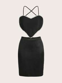 SHEIN MOD Bộ đồ hai mảnh nữ Lộ Lưng Ren lên Ngọc trai Buộc lại màu trơn Gợi cảm - màu đen - Xem 1