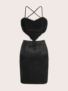 SHEIN MOD Bộ đồ hai mảnh nữ Lộ Lưng Ren lên Ngọc trai Buộc lại màu trơn Gợi cảm - màu đen - Xem 2