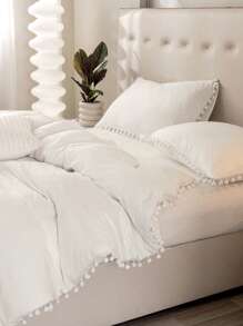 Bettwäsche-Set mit weißen Bommel, Einzelbett, Queensize, Kingsize, Boho Landhausstil, 3-teilig mit Mini-Bommel-Dekor, weißer Bettbezug, weiche Mikrofaser, für Jungen & Mädchen, 1 Bettbezug, 2 Kissenbezüge, ohne Bettdecke