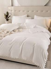 Bettwäsche-Set mit weißen Bommel, Einzelbett, Queensize, Kingsize, Boho Landhausstil, 3-teilig mit Mini-Bommel-Dekor, weißer Bettbezug, weiche Mikrofaser, für Jungen & Mädchen, 1 Bettbezug, 2 Kissenbezüge, ohne Bettdecke