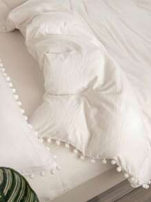 Bettwäsche-Set mit weißen Bommel, Einzelbett, Queensize, Kingsize, Boho Landhausstil, 3-teilig mit Mini-Bommel-Dekor, weißer Bettbezug, weiche Mikrofaser, für Jungen & Mädchen, 1 Bettbezug, 2 Kissenbezüge, ohne Bettdecke