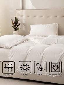 Bettwäsche-Set mit weißen Bommel, Einzelbett, Queensize, Kingsize, Boho Landhausstil, 3-teilig mit Mini-Bommel-Dekor, weißer Bettbezug, weiche Mikrofaser, für Jungen & Mädchen, 1 Bettbezug, 2 Kissenbezüge, ohne Bettdecke