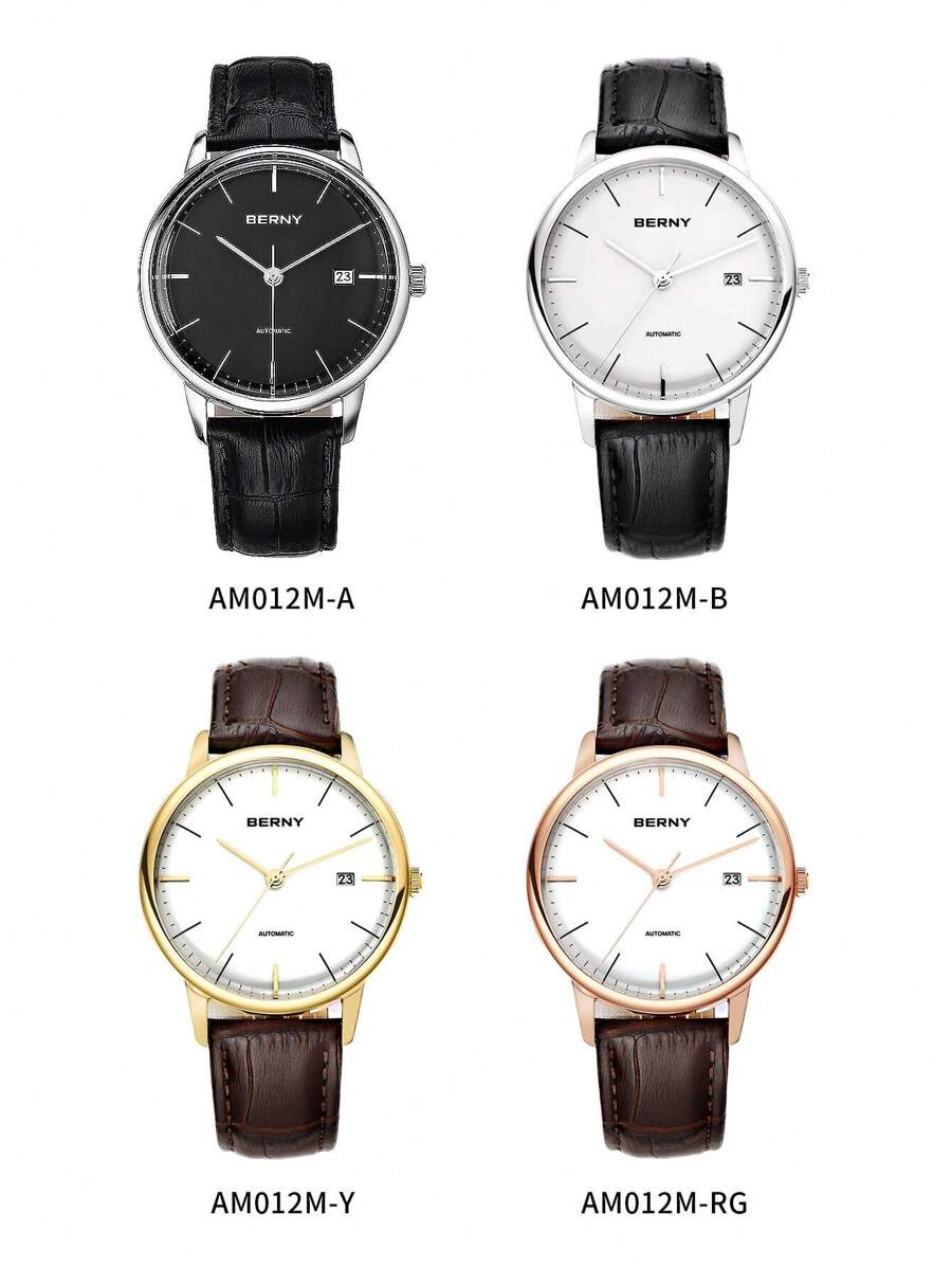 BERNY 1pc Brown PU Polyurethane Strap Fashionable Date Water Resistant Round Dial Mechanical Watch, For Daily Decoration - White - View 1