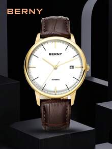 BERNY 1pc Brown PU Polyurethane Strap Fashionable Date Water Resistant Round Dial Mechanical Watch, For Daily Decoration - White - View 2