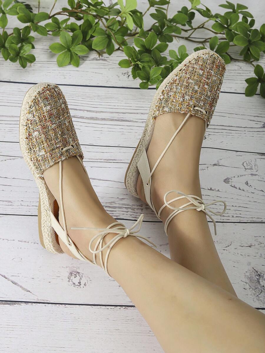 度假平底鞋適用於女士格紋圖案腿部繫帶設計編織平底鞋 - 彩色 - 查看 1