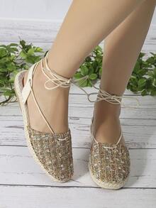 度假平底鞋適用於女士格紋圖案腿部繫帶設計編織平底鞋 - 彩色 - 查看 2