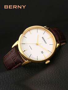 BERNY 1pc Brown PU Polyurethane Strap Fashionable Date Water Resistant Round Dial Mechanical Watch, For Daily Decoration - White - View 3