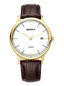 BERNY 1pc Brown PU Polyurethane Strap Fashionable Date Water Resistant Round Dial Mechanical Watch, For Daily Decoration - White - View 4