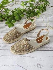 度假平底鞋適用於女士格紋圖案腿部繫帶設計編織平底鞋 - 彩色 - 查看 3