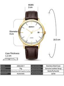 BERNY 1pc Brown PU Polyurethane Strap Fashionable Date Water Resistant Round Dial Mechanical Watch, For Daily Decoration - White - View 5