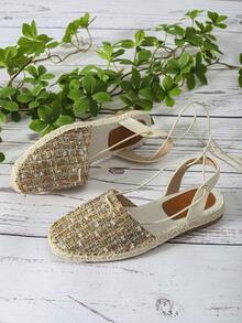 度假平底鞋適用於女士格紋圖案腿部繫帶設計編織平底鞋 - 彩色 - 查看 4