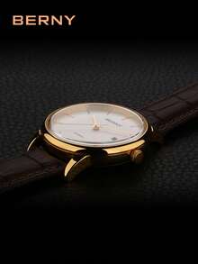 BERNY 1pc Brown PU Polyurethane Strap Fashionable Date Water Resistant Round Dial Mechanical Watch, For Daily Decoration - White - View 6
