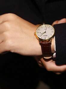 BERNY 1pc Brown PU Polyurethane Strap Fashionable Date Water Resistant Round Dial Mechanical Watch, For Daily Decoration - White - View 9