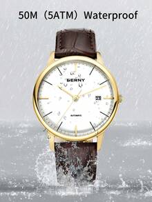 BERNY 1pc Brown PU Polyurethane Strap Fashionable Date Water Resistant Round Dial Mechanical Watch, For Daily Decoration - White - View 10