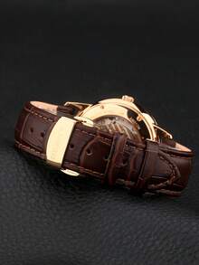 BERNY 1pc Brown PU Polyurethane Strap Fashionable Date Water Resistant Round Dial Mechanical Watch, For Daily Decoration - White - View 11