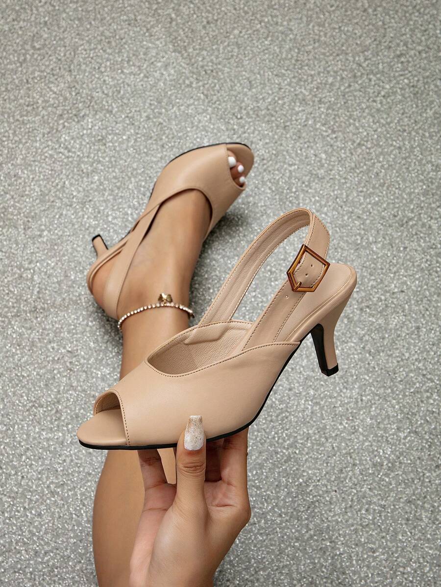 春夏优雅杏色女士高跟鞋，简约露趾细高跟露跟鞋 - 杏色 - 查看 1