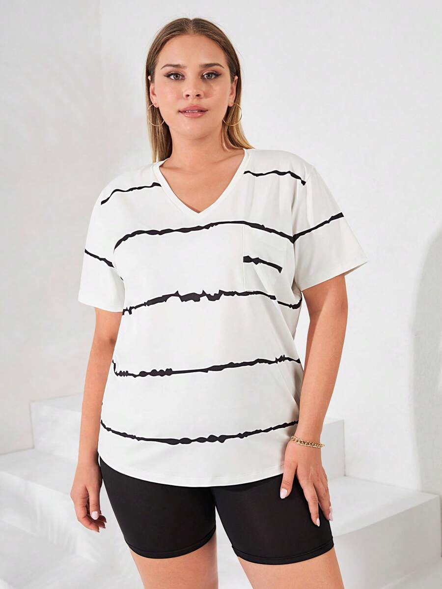 RueChic Plus Striped Print V Neck Tee - White - View 1