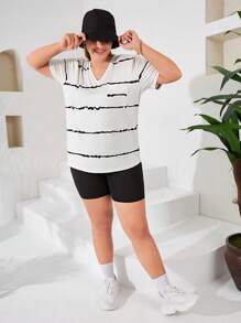 RueChic Plus Striped Print V Neck Tee - White - View 3