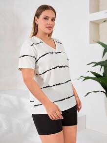 RueChic Plus Striped Print V Neck Tee - White - View 5