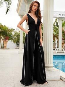 UNITHORSE Solid Contrast Binding Wide Leg Jumpsuit - Black - View 5