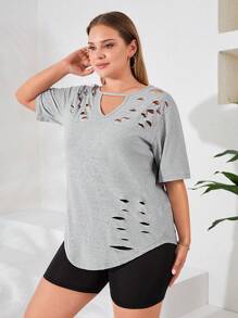 RueChic Plus Cut Out Curved Hem Tee - Xám - Xem 1