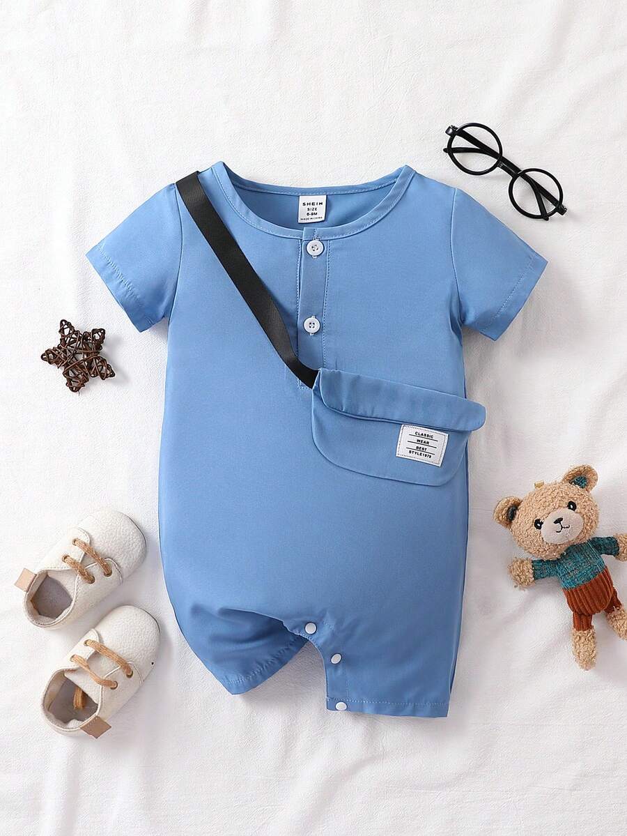 Đứa bé trai Nút Nửa Romper - Màu xanh lam - Xem 1