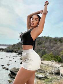 SHEIN SXY Slant Pocket PU Shorts - Apricot - View 4