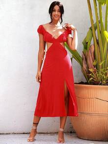 LOVE&LEMONADE 素色腰部鏤空高衩連衣裙 - 紅色 - 查看 5