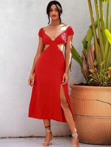 LOVE&LEMONADE 素色腰部鏤空高衩連衣裙 - 紅色 - 查看 7