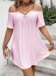 SHEIN LUNE 大碼挖肩鏈條細節T恤 - 粉色 - 查看 1