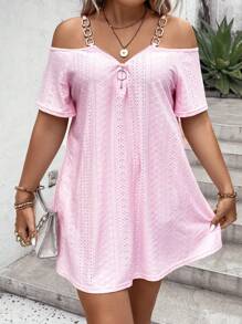 SHEIN LUNE 大碼挖肩鏈條細節T恤 - 粉色 - 查看 5