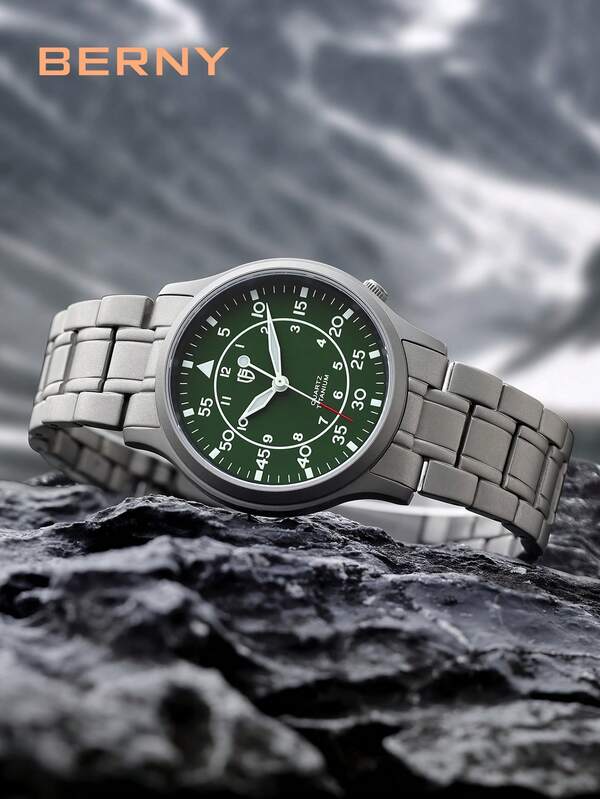 BERNY 1pc Silver Titanium Alloy Strap Business Water Resistance Glow In