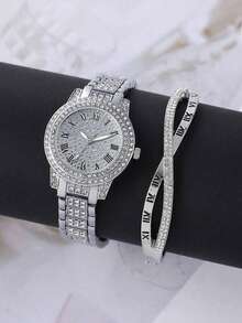 两件套女士手表套装，优雅休闲石英女士手表 + 简约休闲女士十字手链，适合日常佩戴 - 銀色 - 查看 1