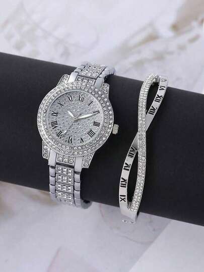 2PCS Women's Watch Set, Elegant Casual Quartz Women's Watch + Simple Casual Women's Cross Bracelet, Suitable For Daily Wear