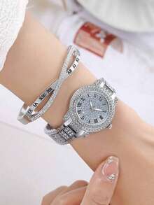 两件套女士手表套装，优雅休闲石英女士手表 + 简约休闲女士十字手链，适合日常佩戴 - 銀色 - 查看 2