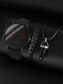 1入組男士圓形指針石英手錶&2入組首飾套裝 - 黑色 - 查看 1