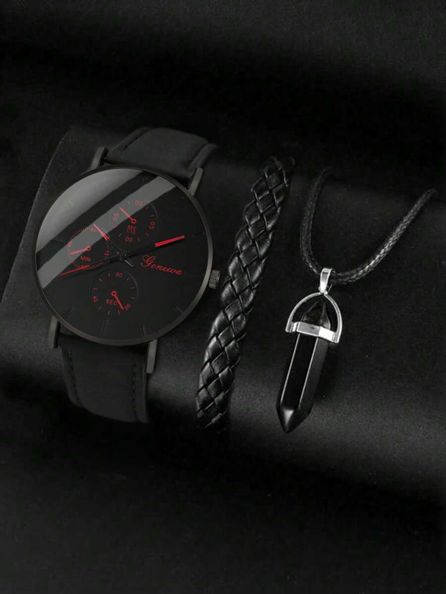 1入組男士圓形指針石英手錶&2入組首飾套裝 - 黑色 - 查看 1