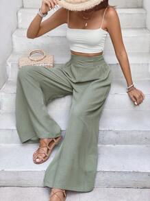 SHEIN Frenchy Quần nữ Dải chun Quần paper-bag màu trơn Giải trí - Màu xanh Bạc hà - Xem 6