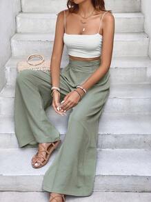 SHEIN Frenchy Quần nữ Dải chun Quần paper-bag màu trơn Giải trí - Màu xanh Bạc hà - Xem 7