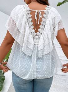 Breezaya Áo sơ mi Plus Size Tương phản ren Buộc lại phân lớp màu trơn Giải trí - trắng - Xem 2