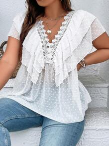 Breezaya Áo sơ mi Plus Size Tương phản ren Buộc lại phân lớp màu trơn Giải trí - trắng - Xem 4