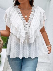 Breezaya Áo sơ mi Plus Size Tương phản ren Buộc lại phân lớp màu trơn Giải trí - trắng - Xem 6