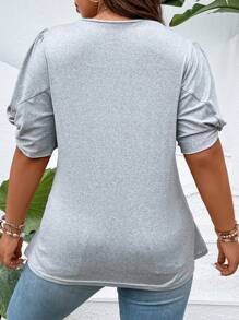 Calvaya 大码圆领扭纹镂空侧扭纹短袖柔软针织面料休闲通勤 T 恤 - 灰色 - 查看 3