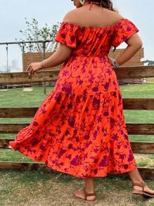 SHEIN Holidaya Plus Floral Print Criss Cross Tie Backless Ruffle Hem Dress