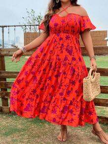 SHEIN Holidaya Plus Floral Print Criss Cross Tie Backless Ruffle Hem Dress